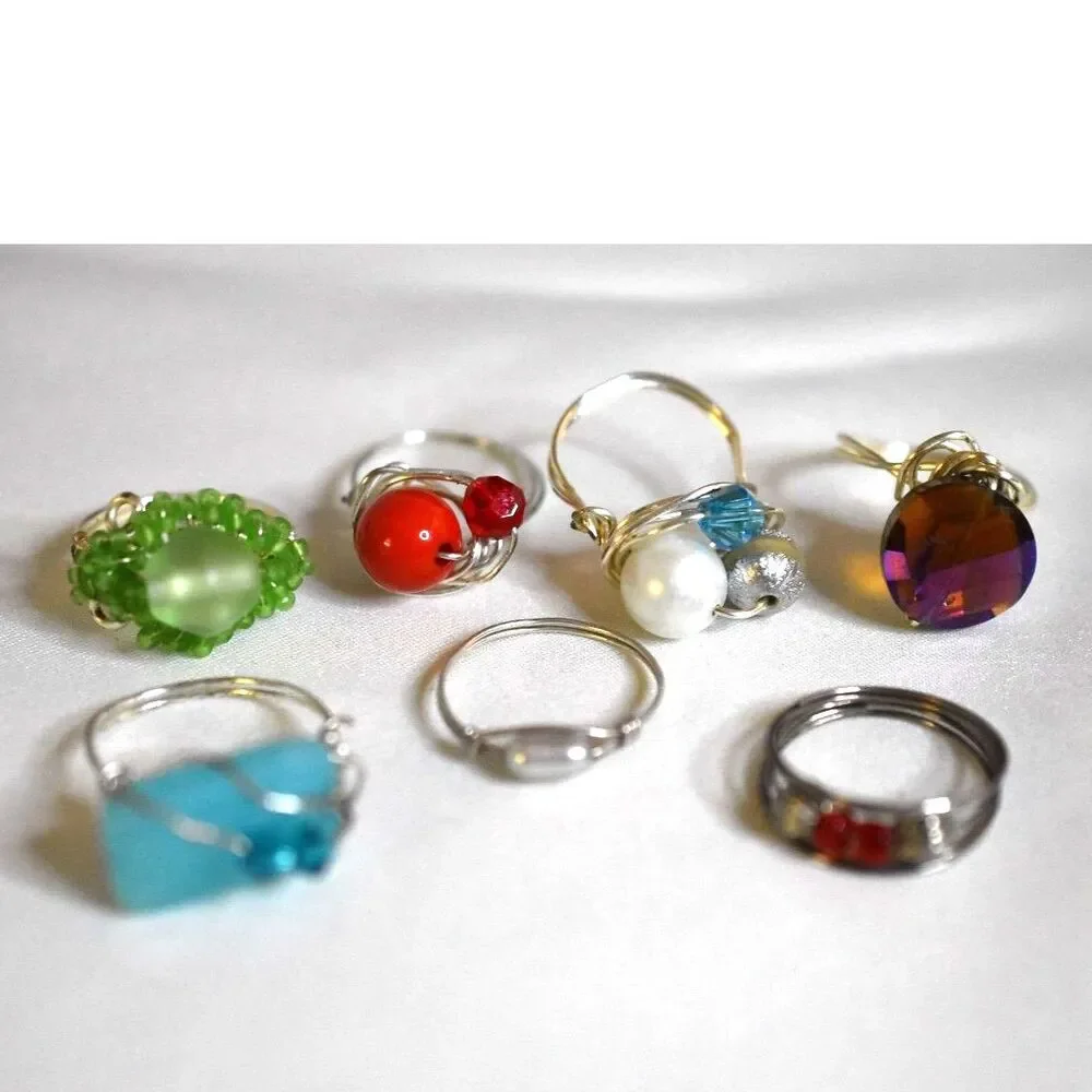 Handcrafted 7 Silver Tone Wire Wrap Multi Color Stones/Crystals Sz 8-11 Rings